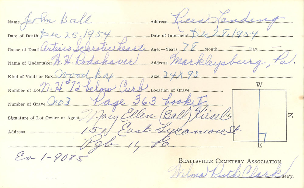 John T. Ball burial card